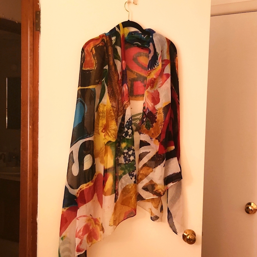 Desigual white, vibrant, multicolor, floral, cotton scarf